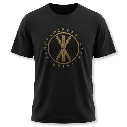 Black Norse rune t-shirt with gold Elder Futhark circle and central knotwork design.