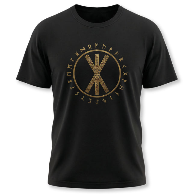 Black Norse rune t-shirt with gold Elder Futhark circle and central knotwork design.