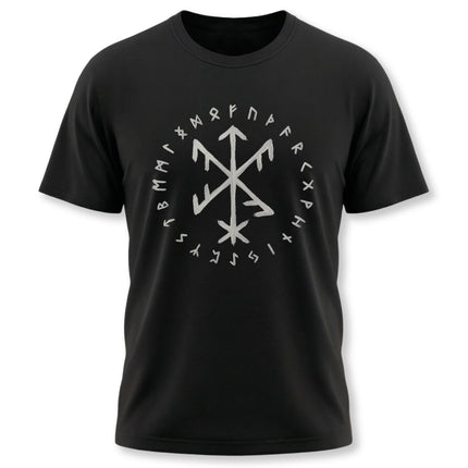 Black t-shirt featuring the Elder Futhark runes and a central Norse bindrune symbol.