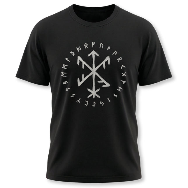 Black t-shirt featuring the Elder Futhark runes and a central Norse bindrune symbol.