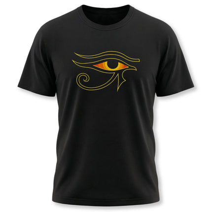 Eye of Ra symbol graphic on a black t-shirt, featuring ancient Egyptian mythology and protection.