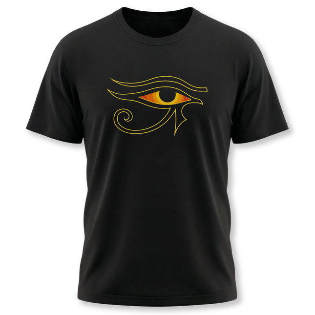 Eye of Ra symbol graphic on a black t-shirt, featuring ancient Egyptian mythology and protection.