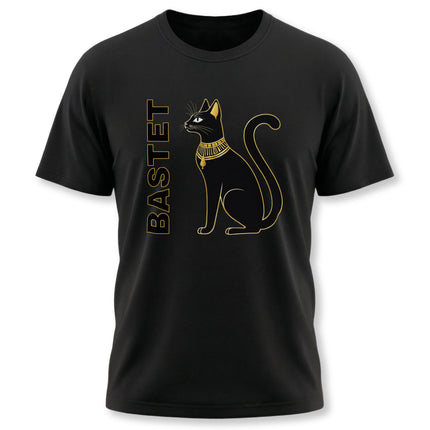 Gold silhouette of Bastet, the Egyptian cat goddess, and the word BASTET on a black tee.