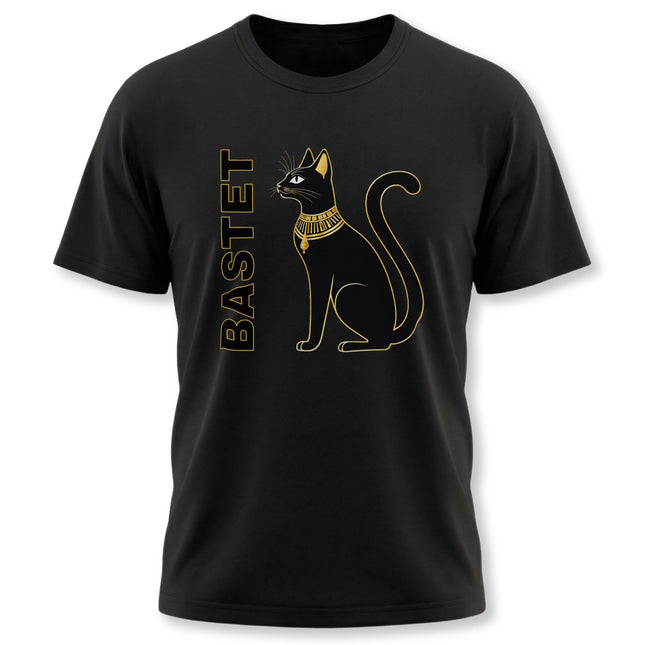 Gold silhouette of Bastet, the Egyptian cat goddess, and the word BASTET on a black tee.