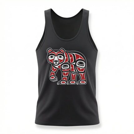 Red, black, and white formline bear graphic tank top featuring vibrant indigenous artwork.
