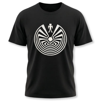 Black tee featuring the Hopi Man in the Maze I'itoi labyrinth symbol graphic.