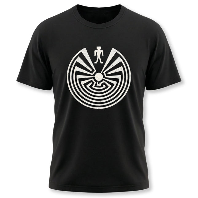 Black tee featuring the Hopi Man in the Maze I'itoi labyrinth symbol graphic.