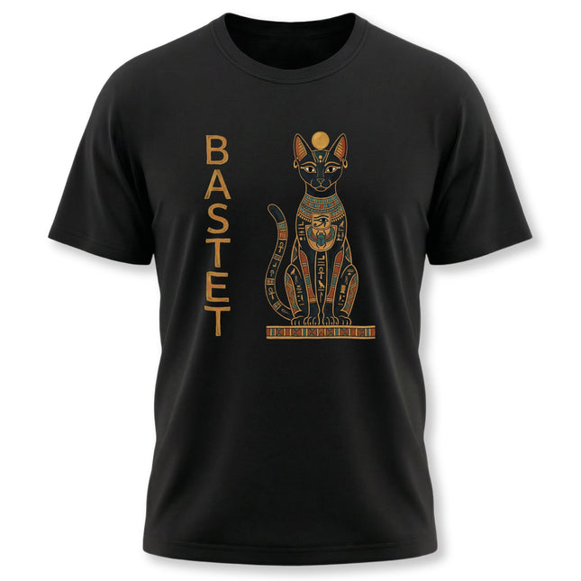 Bastet Egyptian cat goddess graphic on a black tee, featuring hieroglyphic art and mythology.