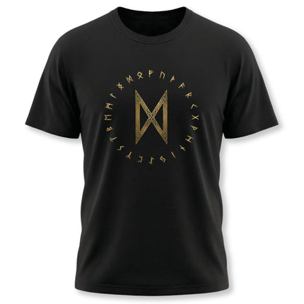 Golden Dagaz rune and Elder Futhark runes on a black Norse mythology t-shirt.