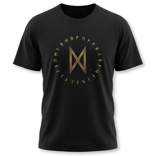 Golden Dagaz rune and Elder Futhark runes on a black Norse mythology t-shirt.