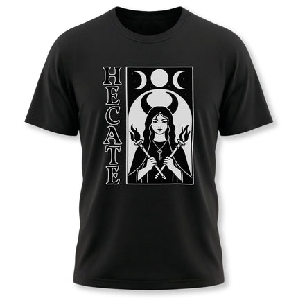 Hecate Goddess graphic tee with triple moons and torches, occult pagan witchcraft design.
