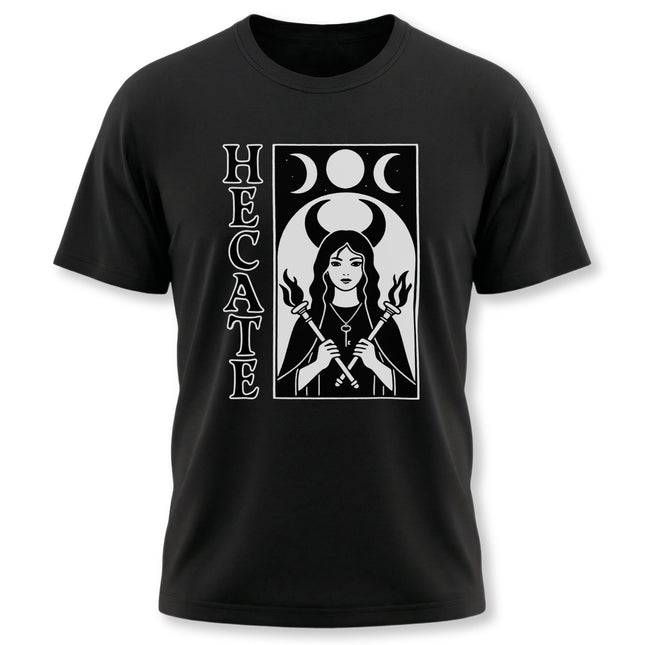 Hecate Goddess graphic tee with triple moons and torches, occult pagan witchcraft design.