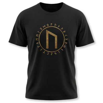Black tee featuring the Uruz rune and Elder Futhark Norse alphabet in gold.