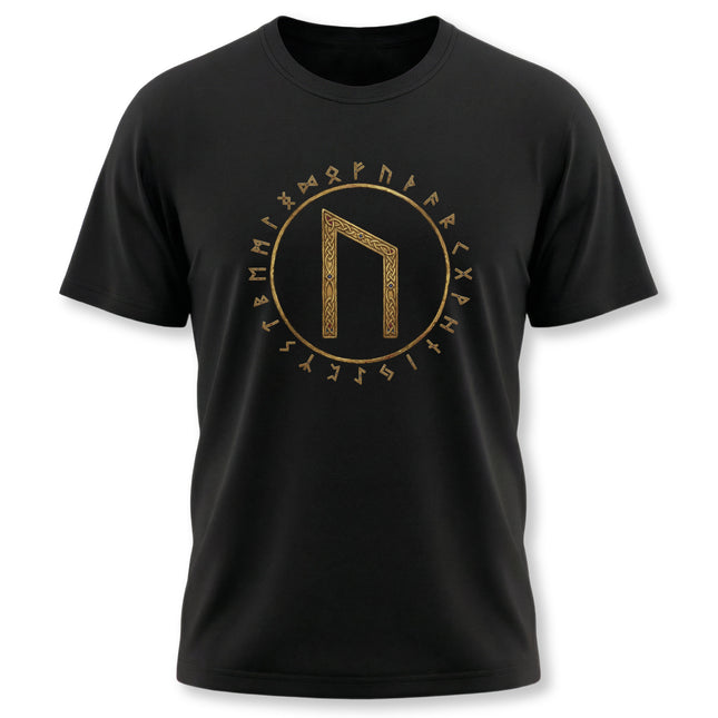 Black tee featuring the Uruz rune and Elder Futhark Norse alphabet in gold.