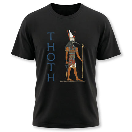 Thoth Egyptian god graphic tee featuring the ibis deity and name on black fabric.