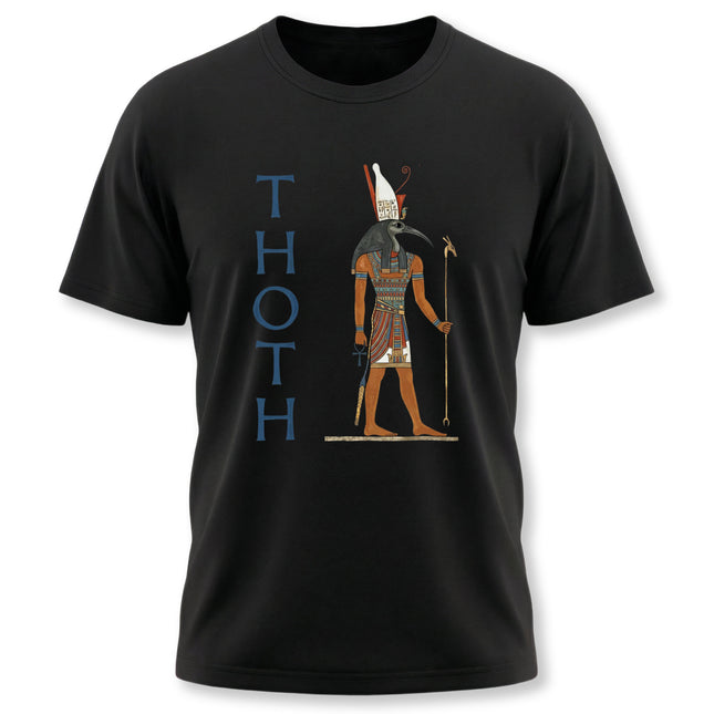 Thoth Egyptian god graphic tee featuring the ibis deity and name on black fabric.