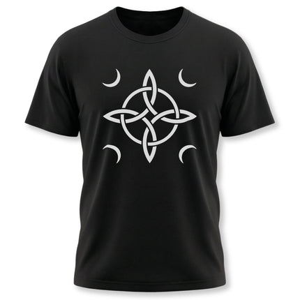 Witch's knot and lunar cycle moons graphic on a black unisex t-shirt.