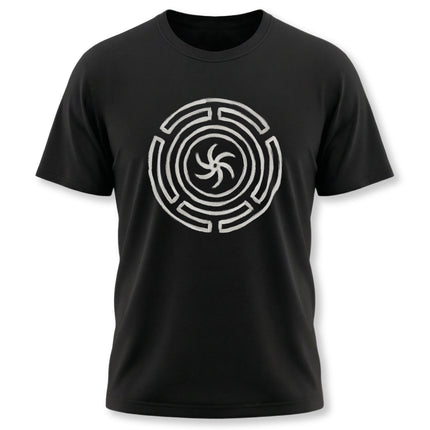 Black T-shirt featuring the white Hekate's Wheel Strophalos symbol, perfect for witchcraft or pagan apparel.