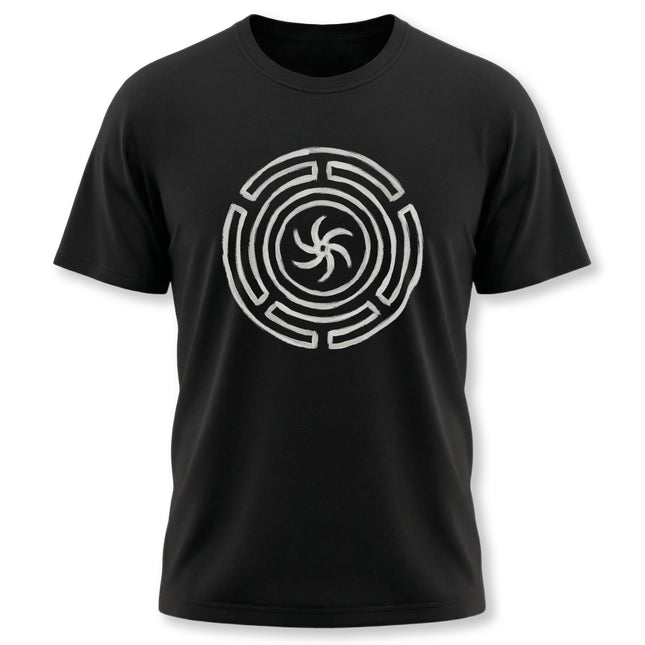 Black T-shirt featuring the white Hekate's Wheel Strophalos symbol, perfect for witchcraft or pagan apparel.