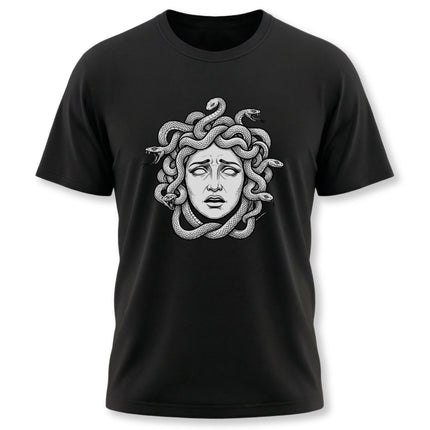 Medusa Gorgon portrait graphic tee featuring detailed snake hair art.
