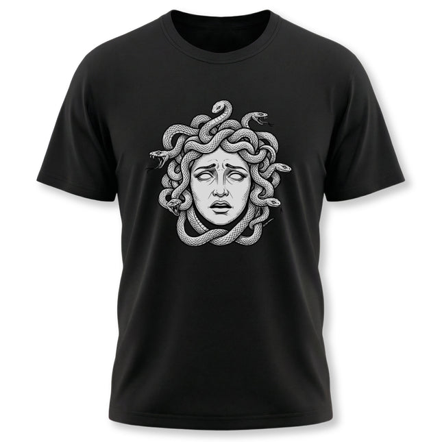 Medusa Gorgon portrait graphic tee featuring detailed snake hair art.
