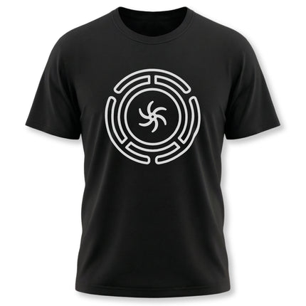 Black t-shirt featuring Hekate's Wheel symbol, a Greek goddess labyrinth design for witchy apparel.
