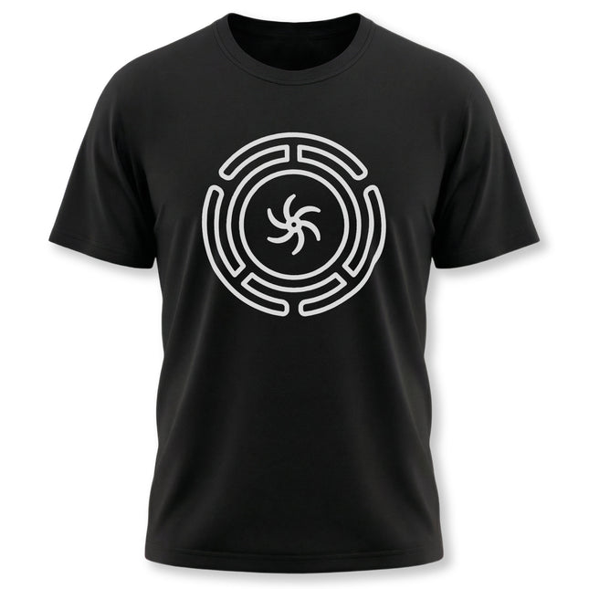 Black t-shirt featuring Hekate's Wheel symbol, a Greek goddess labyrinth design for witchy apparel.