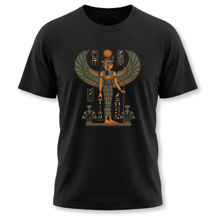 Isis Egyptian goddess graphic tee featuring wings, sun disk, and ancient Egyptian symbols.
