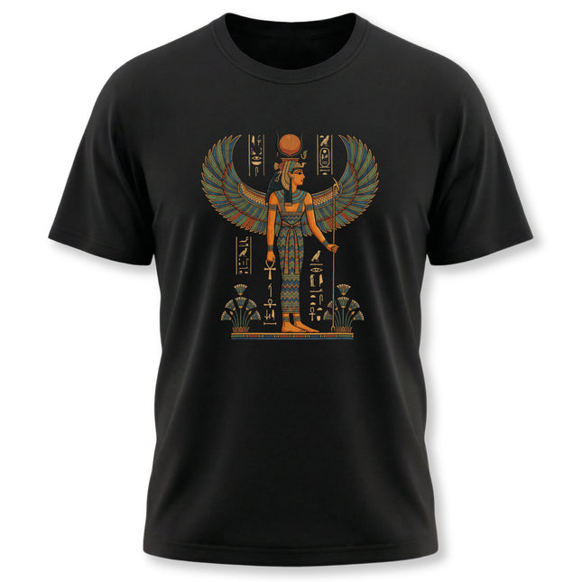 Isis Egyptian goddess graphic tee featuring wings, sun disk, and ancient Egyptian symbols.