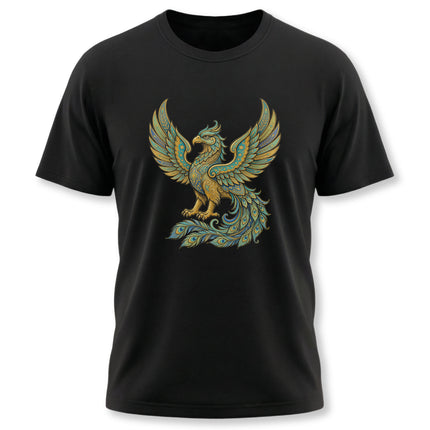 Homa Bird Persian Phoenix symbol art on a black unisex t-shirt.