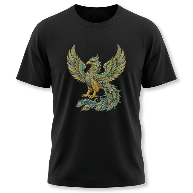 Homa Bird Persian Phoenix symbol art on a black unisex t-shirt.