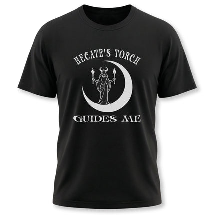 Hecate goddess t-shirt featuring a crescent moon, torch, and "Guides Me" text.