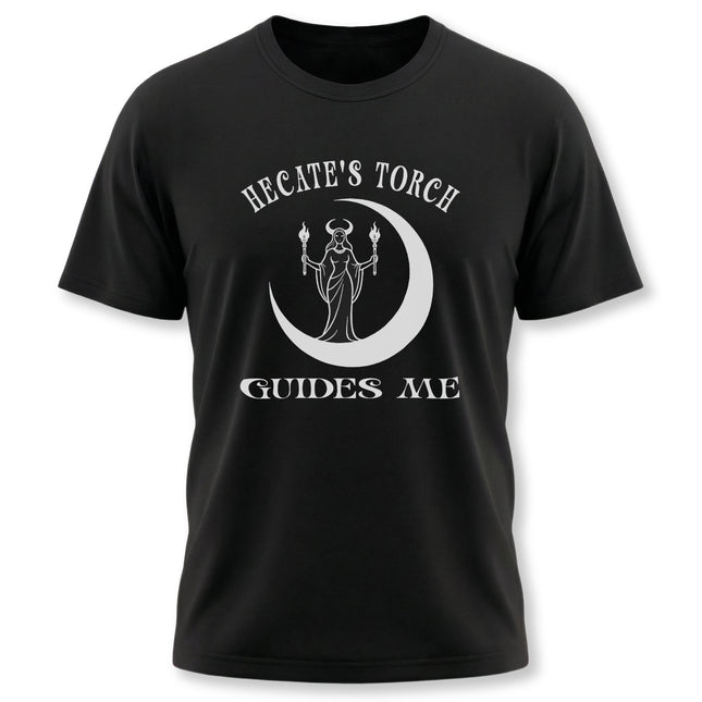Hecate goddess t-shirt featuring a crescent moon, torch, and "Guides Me" text.