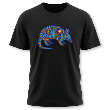 Vibrant Huichol-style armadillo graphic tee on a black shirt, featuring colorful Mexican folk art.
