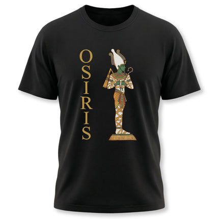 Osiris Egyptian god graphic on a black t-shirt, featuring ancient mythology art.