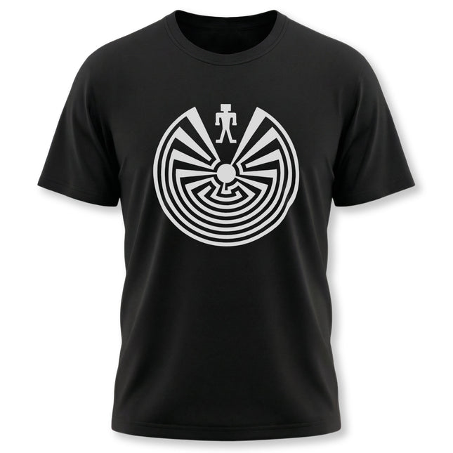 Black t-shirt with white labyrinth design and central figure, inspired by Native American art.