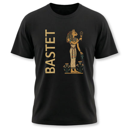 Bastet Egyptian goddess graphic tee featuring ancient mythology art and the goddess's name.