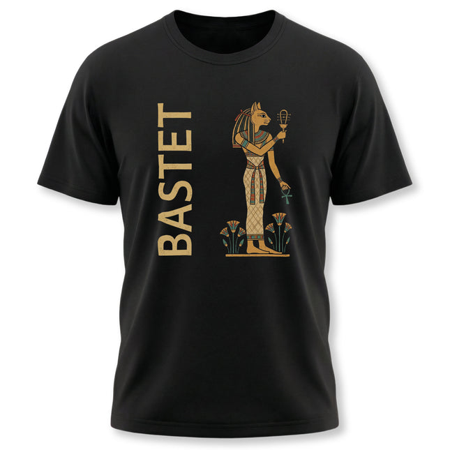 Bastet Egyptian goddess graphic tee featuring ancient mythology art and the goddess's name.