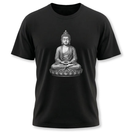 Meditating Buddha on a lotus flower graphic design for spiritual zen wear.