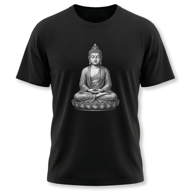 Meditating Buddha on a lotus flower graphic design for spiritual zen wear.