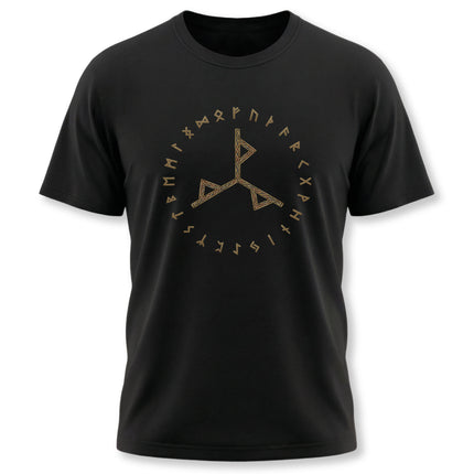 Black tee featuring the Power Bind Rune and Elder Futhark runes design.