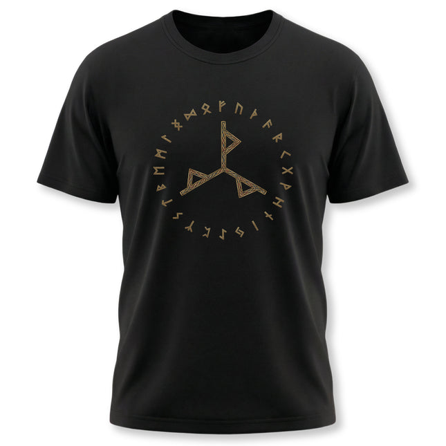 Black tee featuring the Power Bind Rune and Elder Futhark runes design.