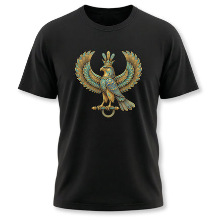 Gold and turquoise mythical Shabaz eagle symbol printed on a black t-shirt.