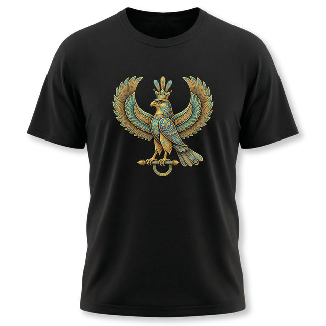 Gold and turquoise mythical Shabaz eagle symbol printed on a black t-shirt.
