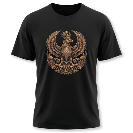 Ornate golden mythical eagle emblem on a black t-shirt, featuring Persian mythology art.