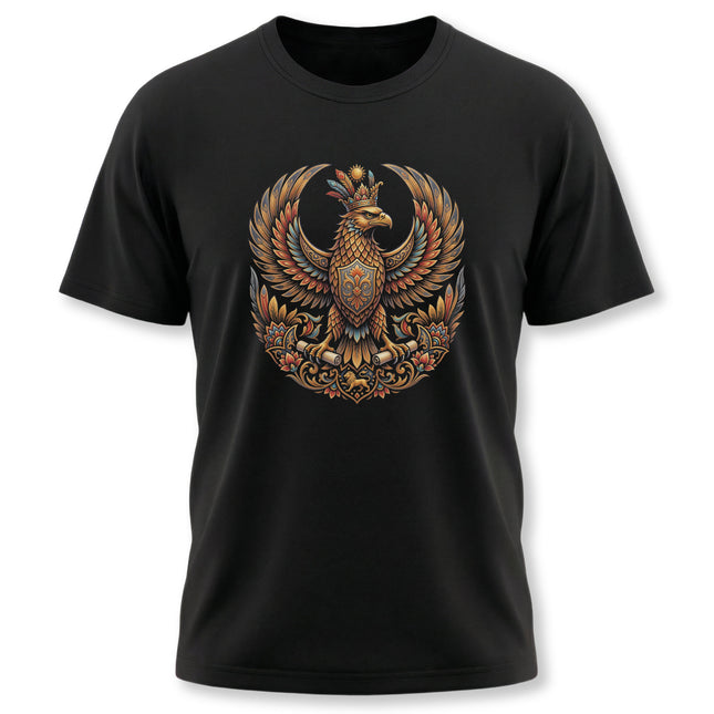 Ornate golden mythical eagle emblem on a black t-shirt, featuring Persian mythology art.