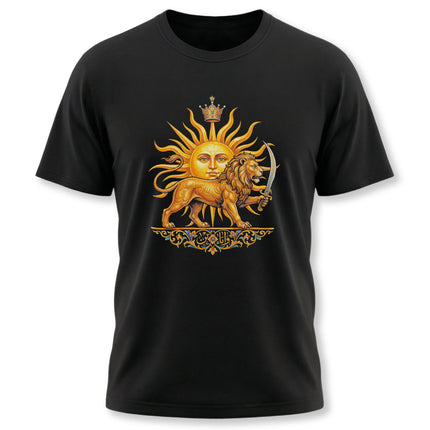 Shir-o-Khorshid Persian Lion and Sun emblem graphic on a black tee, symbolizing Iranian heritage.