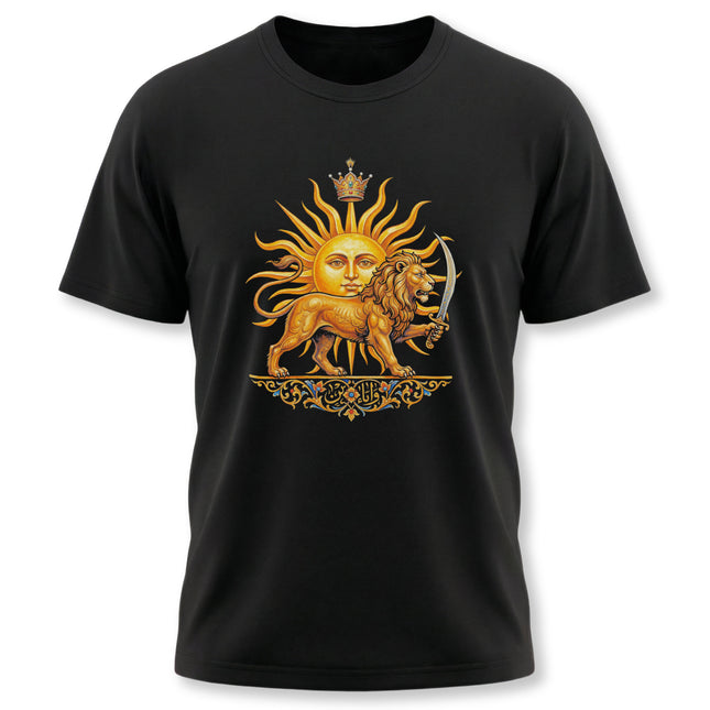 Shir-o-Khorshid Persian Lion and Sun emblem graphic on a black tee, symbolizing Iranian heritage.