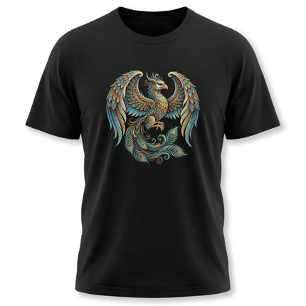 Ornate Homa Bird phoenix graphic tee featuring colorful Persian mythology art on a black shirt.