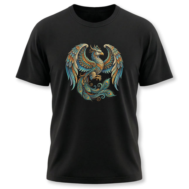 Ornate Homa Bird phoenix graphic tee featuring colorful Persian mythology art on a black shirt.